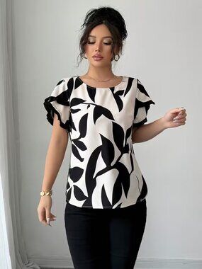 Womens Black & White Leaf Print Short Sleeve Top